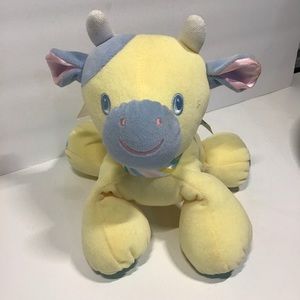 Rare Vintage Eden Velour Stuffed Plush Baby Cow Bull Toy Yellow Blue Sat…